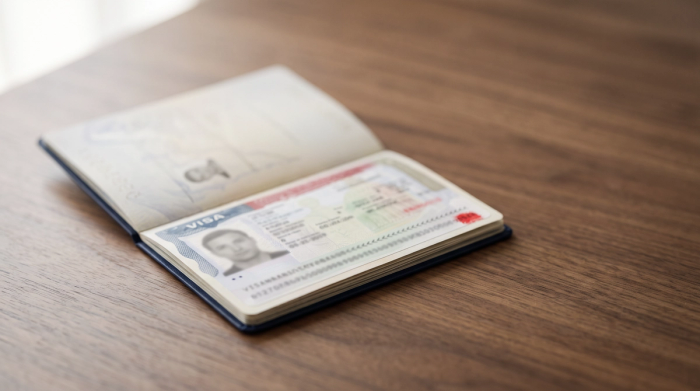 Where to find the US visa number on a passport visa foil | Immiva Open passport showing a US visa foil, with the lower right corner of the foil in focus where the US visa number is printed