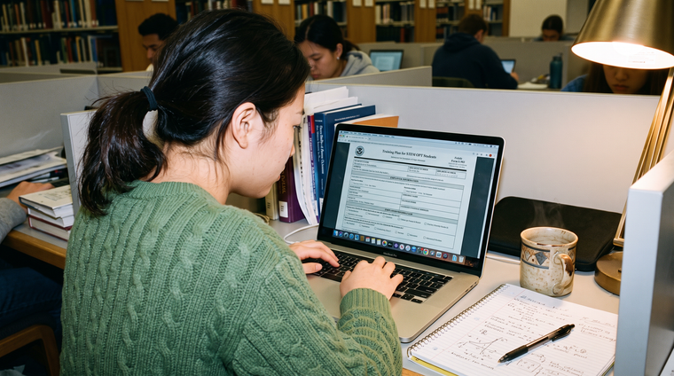 STEM OPT Extension 2026 Filing | Immiva Student preparing the 24-month STEM OPT extension application with the Form I-983 training plan open on a laptop in a university library