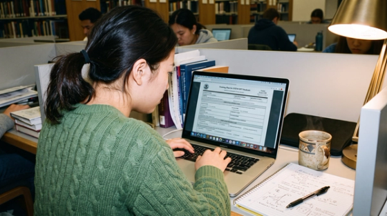Student preparing the 24-month STEM OPT extension application with the Form I-983 training plan open on a laptop in a university library