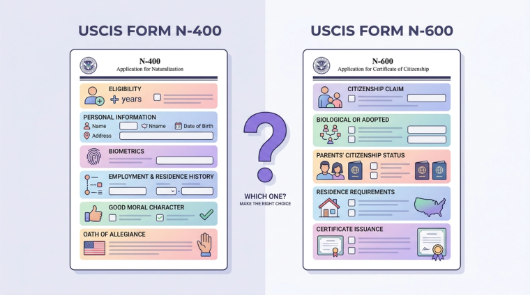 USCIS Form N-400 vs Form N-600 Citizenship Application Comparison | Immiva Side-by-side visual comparison of USCIS Form N-400 Application for Naturalization and Form N-600 Application for Certificate of Citizenship with a which-one question mark