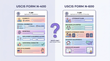 Side-by-side visual comparison of USCIS Form N-400 Application for Naturalization and Form N-600 Application for Certificate of Citizenship with a which-one question mark