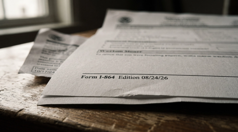 Form I-864 Edition 08/24/26 Footer Date Check | Immiva Close crop of the Form I-864 page footer showing the 08/24/26 edition date in focus, with the expired 10/17/24 edition printout blurred behind it on a wooden desk