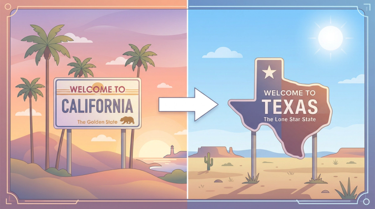 Welcome to California and Texas State Signs Moving with N-400 Pending | Immiva Split illustration showing Welcome to California and Welcome to Texas state signs with a moving arrow, representing interstate moves while N-400 is pending