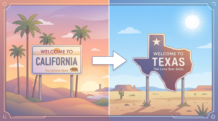 Welcome to California and Texas State Signs Moving with N-400 Pending | Immiva Split illustration showing Welcome to California and Welcome to Texas state signs with a moving arrow, representing interstate moves while N-400 is pending