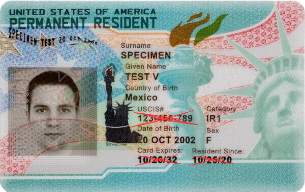 Front of the Green Card. Green Card Number is not printed here | Immiva Front of a U.S. green card with all the numbers crossed out, showing that the Green Card Number is not printed on the front of the card