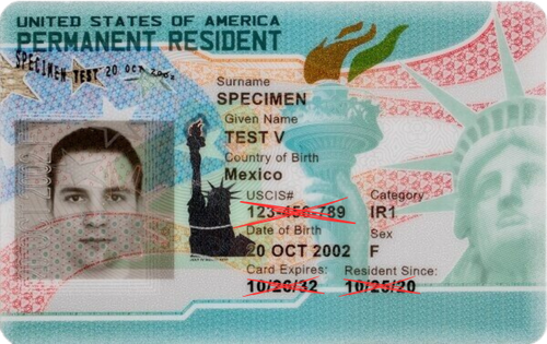 Front of the Green Card. Green Card Number is not printed here | IMMIVA
