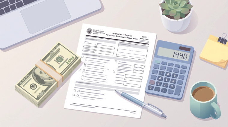 I-485 cost calculator and filing fee 2026 | Immiva Desk flat-lay with USCIS Form I-485, a calculator showing 1,440, a stack of hundred dollar bills and a pen, representing the total I-485 cost in 2026