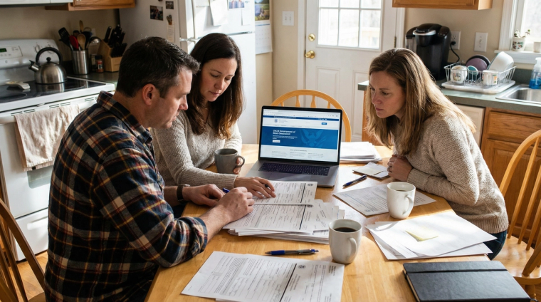 Couple Reviewing I-751 RFE Documents at Kitchen Table | Immiva Married couple sitting together at a kitchen table reviewing I-751 Request for Evidence documents and preparing a response to USCIS