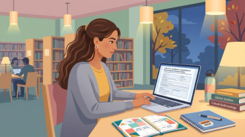 F-1 student in a campus library on a laptop reviewing OPT and CPT work authorization choices