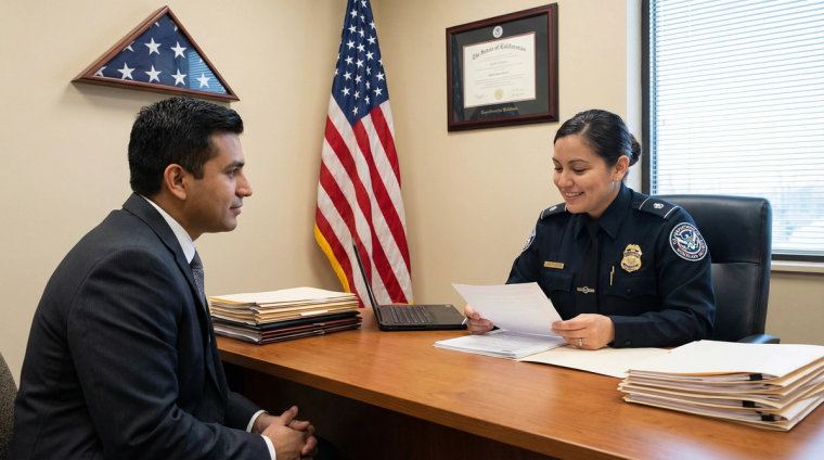 N-400 Interview Questions USCIS Officer Asking Applicant 2026 | Immiva USCIS officer asking N-400 interview questions to citizenship applicant at desk with American flag