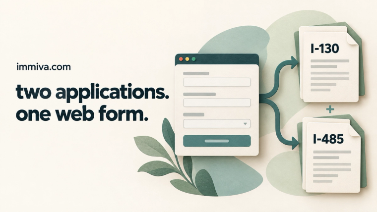 File I-130 and I-485 Together From One Web Form | Immiva One web form feeding Form I-130 and Form I-485, showing how to file I-130 and I-485 together without a lawyer on Immiva