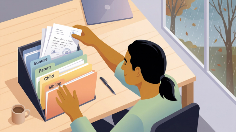 Organizing I-130 Documents by Relationship Type | Immiva Hands sorting I-130 required documents into folders labeled by family relationship type including spouse, parent, child, and sibling categories