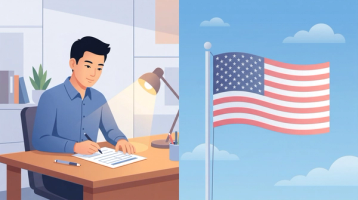 Young Man Completing Selective Service Form Beside American Flag | Immiva Young East Asian man filling out a Selective Service registration form at a desk beside an American flag, representing N-400 Selective Service requirement