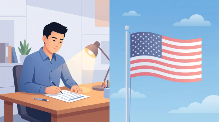 Young Man Completing Selective Service Form Beside American Flag | Immiva Young East Asian man filling out a Selective Service registration form at a desk beside an American flag, representing N-400 Selective Service requirement