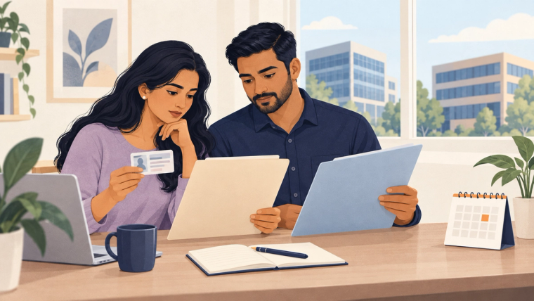 A couple reviews document folders and a generic work-permit card at home, with two office buildings outside the window.