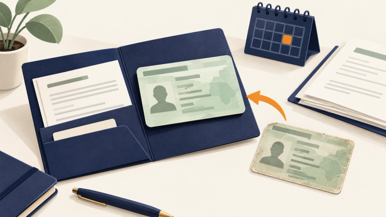 Form I-90 Green Card Renewal and Replacement Guide | Immiva Form I-90 green card renewal illustration: resident cards beside an open navy folder, application papers, and a calendar on a cream desk