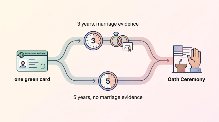 N-400 3-Year vs 5-Year Rule Filing Paths | Immiva Diagram of the N-400 3-year vs 5-year rule: one green card splits into a 3-year path requiring marriage evidence and a 5-year path with none, both ending at the Oath ceremony.