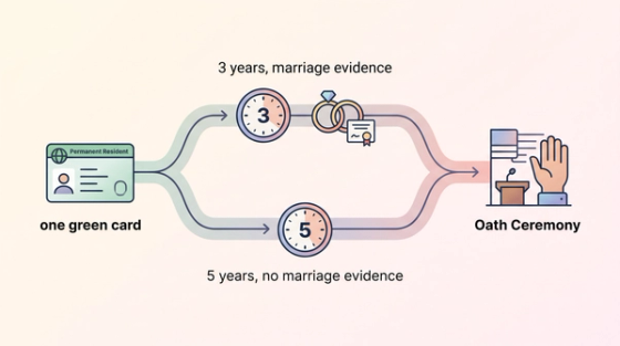 Diagram of the N-400 3-year vs 5-year rule: one green card splits into a 3-year path requiring marriage evidence and a 5-year path with none, both ending at the Oath ceremony.