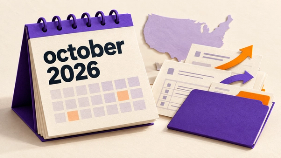 Paper-craft desk calendar reading October 2026 beside a map of the United States and a folder of forms with arrows pointing forward, showing visa bulletin priority dates advancing