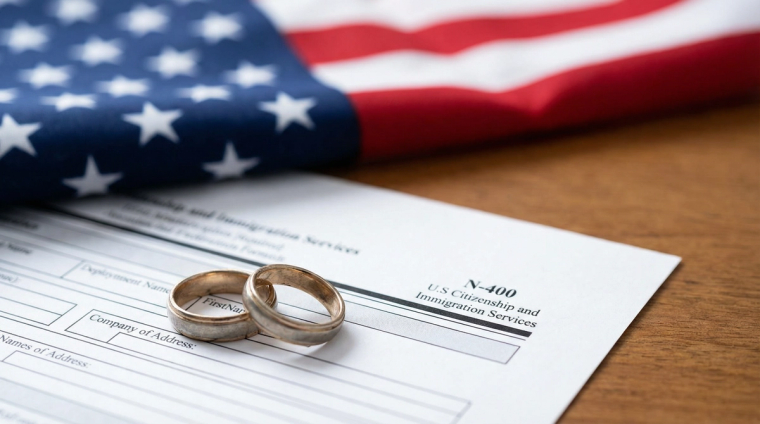 Marriage-Based Citizenship N-400 Application | Immiva Wedding rings on N-400 naturalization form symbolizing citizenship through marriage