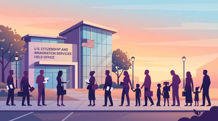 USCIS office applicants travel ban ruling 2026 | Immiva Applicants outside a USCIS office after the 2026 travel ban ruling on immigration benefit holds