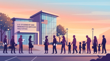 Applicants outside a USCIS office after the 2026 travel ban ruling on immigration benefit holds