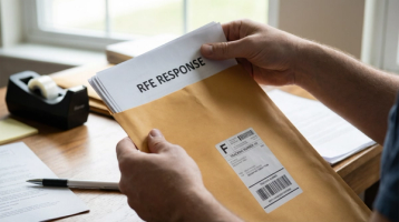 Closeup of hands placing immigration documents into a mailing envelope