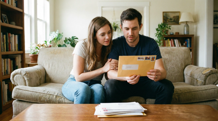 Waiting for I-751 Approval: What to Expect During Processing | Immiva A couple sits on their living room couch opening a USCIS envelope, representing the long wait for an I-751 decision and the 48-month extension notice.