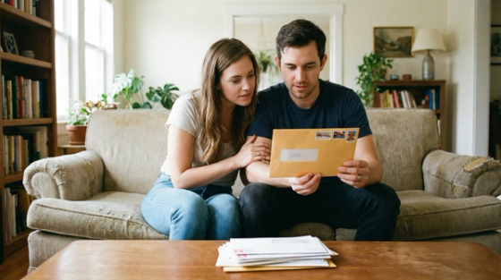 A couple sits on their living room couch opening a USCIS envelope, representing the long wait for an I-751 decision and the 48-month extension notice.
