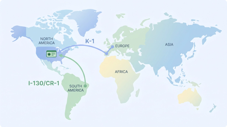 K-1 vs I-130 Path to U.S. Green Card Map | Immiva World map illustration showing the K-1 and I-130 CR-1 paths converging on U.S. permanent residency