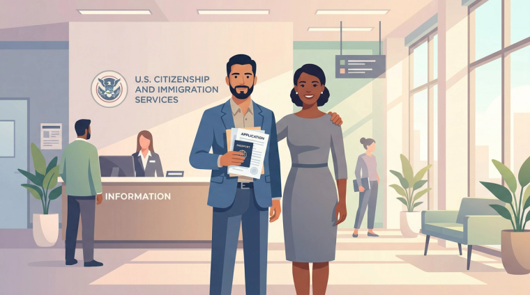 Two Siblings Filing I-130 Petition at USCIS Office | Immiva Hispanic man and Black woman sibling petitioners holding an I-130 application in a US Citizenship and Immigration Services office lobby