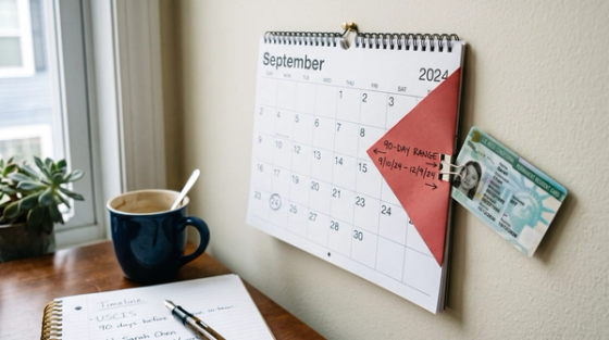I-751 90-day filing window before conditional green card expiry | Immiva Calendar showing the 90-day I-751 filing window next to a two-year conditional green card