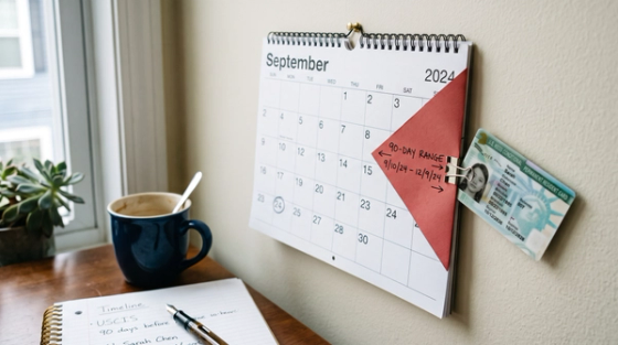 Calendar showing the 90-day I-751 filing window next to a two-year conditional green card