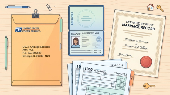 K-1 Visa Holder I-485 Green Card Application Documents | Immiva Flatlay of K-1 green card filing documents: USCIS envelope, passport with fiance visa, marriage record, and tax returns