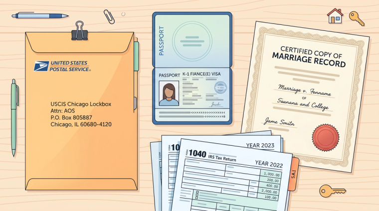 K-1 Visa Holder I-485 Green Card Application Documents | Immiva Flatlay of K-1 green card filing documents: USCIS envelope, passport with fiance visa, marriage record, and tax returns