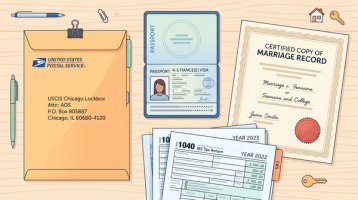 Flatlay of K-1 green card filing documents: USCIS envelope, passport with fiance visa, marriage record, and tax returns