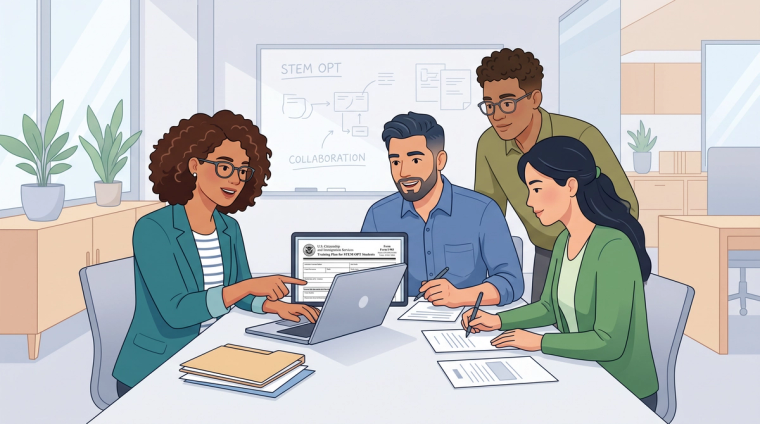 Engineering Team Collaborating on STEM OPT Work | Immiva Diverse engineering team gathered around a laptop in an office with a STEM OPT collaboration whiteboard behind them