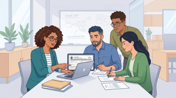 Diverse engineering team gathered around a laptop in an office with a STEM OPT collaboration whiteboard behind them