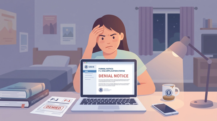 Student Reading an I-765 OPT Denial Notice | Immiva Worried F-1 student at a desk at night viewing a USCIS denial notice for an I-765 OPT application on a laptop screen