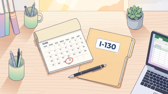 30-Day Deadline After I-130 Denial | Immiva Calendar showing a 30-day deadline window marked in red next to an I-130 petition folder
