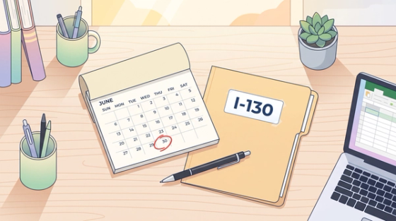 Calendar showing a 30-day deadline window marked in red next to an I-130 petition folder
