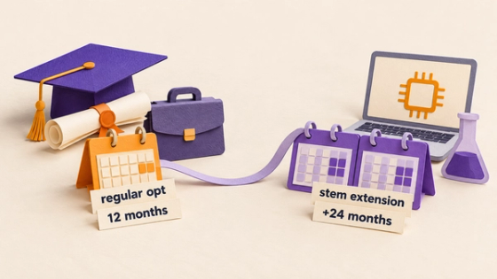 Paper-craft graduation cap, diploma and calendar labeled regular OPT 12 months, linked by a ribbon to two calendars labeled STEM extension +24 months beside a laptop and flask