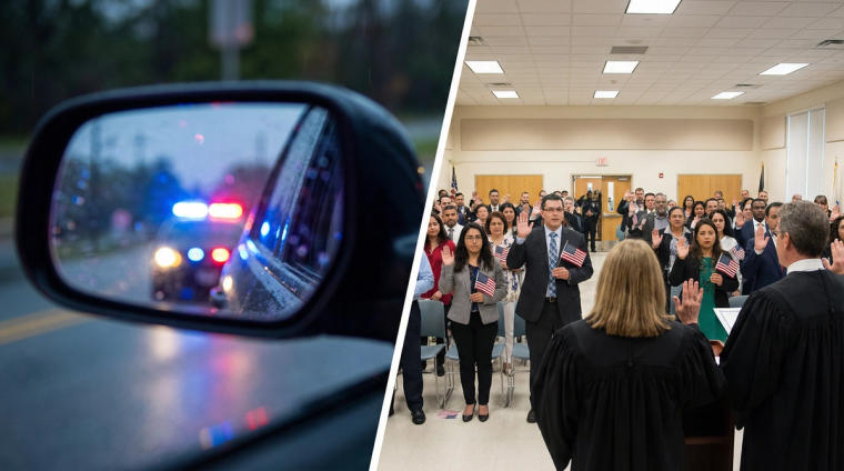 Traffic Stop Police Lights vs Naturalization Oath Ceremony | Immiva Split image of police lights in a car rearview mirror contrasted with a naturalization oath ceremony, illustrating how traffic tickets affect your N-400 application