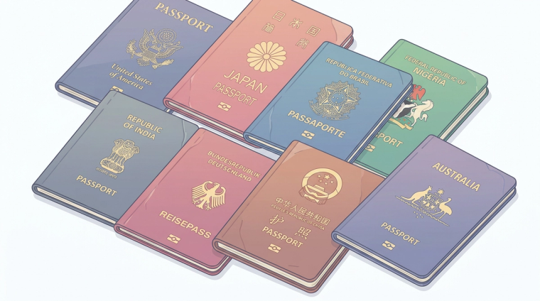 Stack of International Passports for DV Lottery 2027 Requirement | Immiva Illustrated stack of international passports including USA, Japan, India, Brazil, Germany, China, Australia and Nigeria, representing the DV Lottery 2027 passport requirement