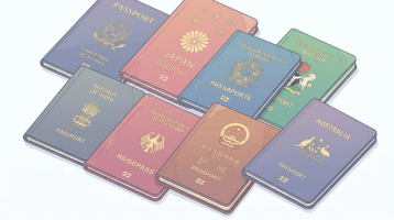 Illustrated stack of international passports including USA, Japan, India, Brazil, Germany, China, Australia and Nigeria, representing the DV Lottery 2027 passport requirement