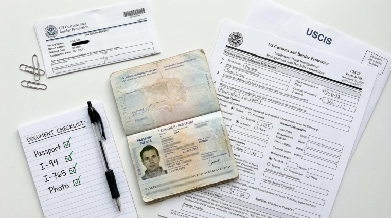 H-4 EAD Document Checklist with Passport I-94 and Form I-765 | Immiva Flat lay of required H-4 EAD filing documents including a foreign passport, I-94 arrival record, USCIS envelope, Form I-765 and a document checklist