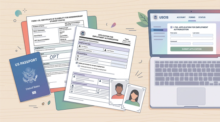 Post-Completion OPT Application Documents Flatlay | Immiva Flatlay of post-completion OPT paperwork: U.S. passport, Form I-20, I-765 application, and USCIS online portal