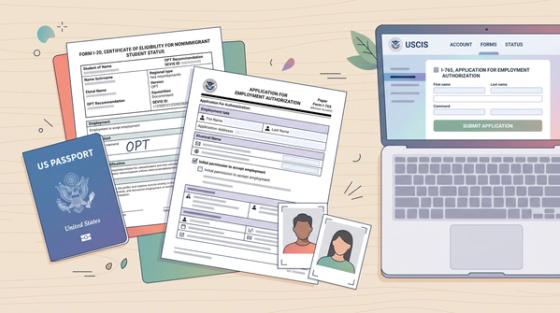 Flatlay of post-completion OPT paperwork: U.S. passport, Form I-20, I-765 application, and USCIS online portal