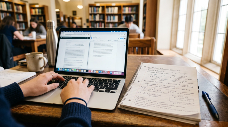 F-1 Student Working on Pre-Completion OPT Application | Immiva International student typing on a laptop in a library with handwritten study notes beside them