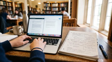 F-1 Student Working on Pre-Completion OPT Application | Immiva International student typing on a laptop in a library with handwritten study notes beside them